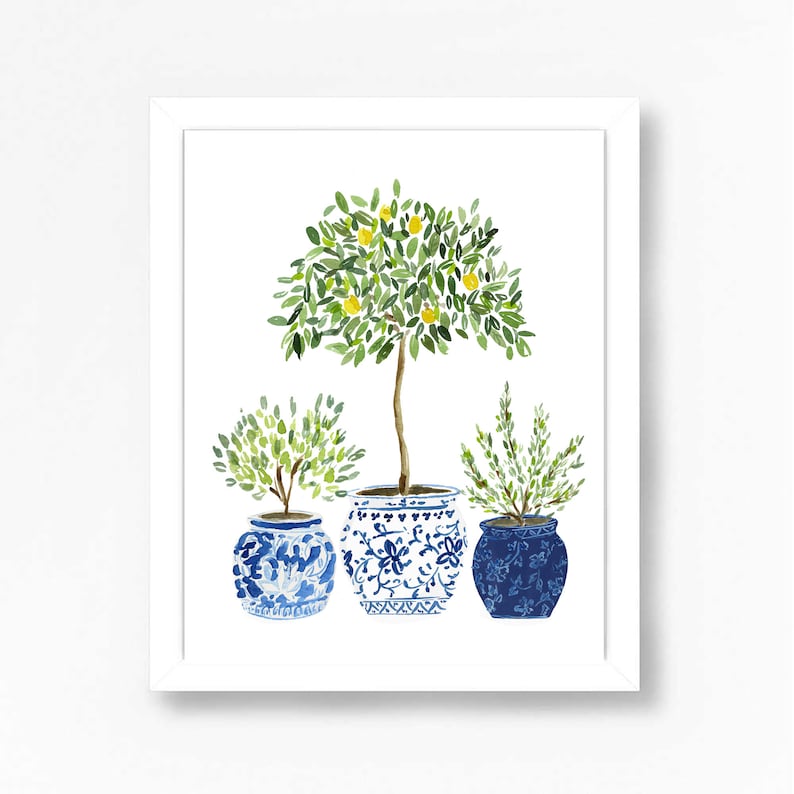 Lemon Lemons Tree Olive Navy Blue White Vase Plants Floral Flowers Art Print Ginger Jar Green Gouache Bohemian Modern Wall Decor Farmhouse image 1