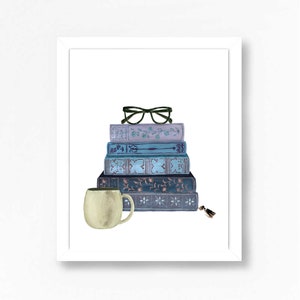 Stack of Books Vintage Book Wall Art Print Watercolor Bookshelf Read  Painting Home Office Bookworm  Library Reading Nook Coffee Cup Glasses