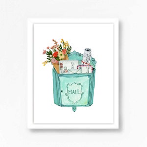 Home Office Art Watercolor Mail Mailbox Vintage Antique Farmhouse Flowers Entryway Mudroom Print Painting Illustration Girls Room Decor image 1