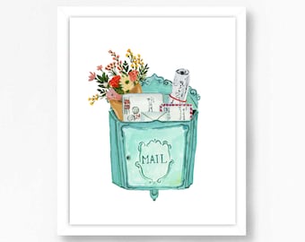 Home Office Art Watercolor Mail Mailbox Vintage Antique Farmhouse Flowers Entryway Mudroom Print Painting Illustration Girls Room Decor