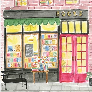 May include: Watercolor illustration of a bookstore exterior. The shop has a black awning, large windows displaying books, and a red door. A small table holds a vase of flowers and a stack of books. The word "BOOKS" is above the windows.