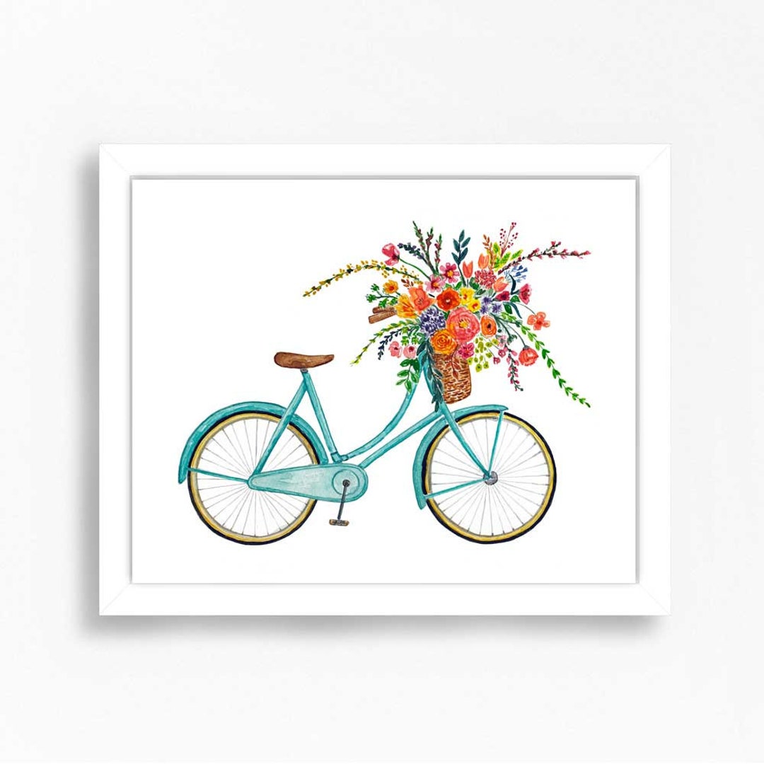 Vintage Blue Bike Bicycle Flower Basket Wall Art Print Floral - Etsy