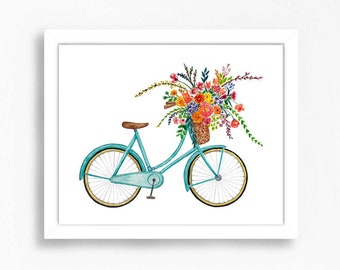 Vintage bleu vélo bicyclette fleur panier impression d'art mural floral aquarelle fleur illustration ferme enfants chambre d'enfant déco rose rouge vert