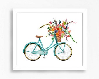 Vintage Blue Bike Bicycle Flower Basket Wall Art Print Floral