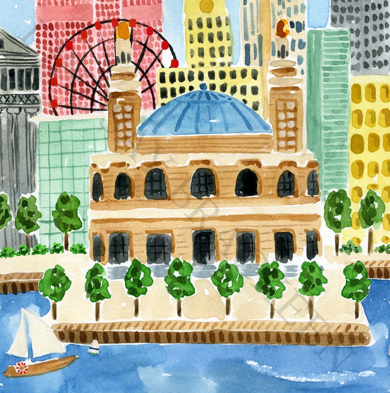 May include: A watercolor painting of a city skyline featuring a central building with a blue dome, flanked by tall yellow and green skyscrapers. A red ferris wheel is visible in the background, while a small sailboat floats on blue water.