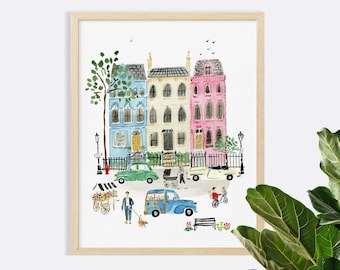 London Art Print, London Wall Decor, London Wall Art, London Illustration, London Street Scene Art, London Neighborhood Art Print