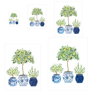 Lemon Lemons Tree Olive Navy Blue White Vase Plants Floral Flowers Art Print Ginger Jar Green Gouache Bohemian Modern Wall Decor Farmhouse image 6