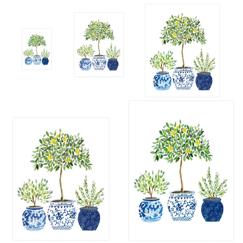 Lemon Lemons Tree Olive Navy Blue White Vase Plants Floral Flowers Art Print Ginger Jar Green Gouache Bohemian Modern Wall Decor Farmhouse image 6