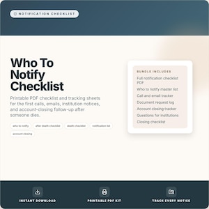 Puede incluir: Un producto digital titulado "Who To Notify Checklist" con un diseño en verde azulado y blanco. La lista de verificación incluye una lista maestra, rastreadores y un PDF. El paquete incluye una lista de verificación de notificación completa, un rastreador de llamadas y correo electrónico y un registro de solicitud de documentos.