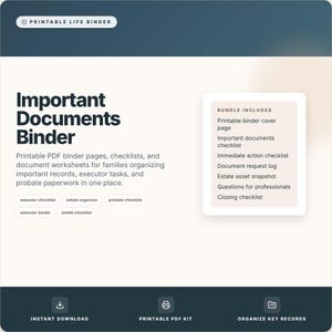 Puede incluir: Un organizador de documentos digitales titulado "Important Documents Binder" con fondo blanco y detalles azules. La imagen incluye una lista de documentos incluidos, como listas de verificación y registros, y palabras clave.