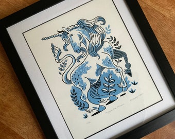 Mizzen the Unicorn | Linocut Reduction Print | Black & Blue Lino Print | Magical Creature Artwork | Folk Style | Fantasy Wall Art | Folklore
