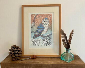 Winter Barn Owl | Original Handmade Reduction Print | Nature Inspired gift | Bird Art | Countryside Art | Linocut | Lino print | Wall decor