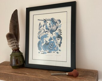 Mizzen the Unicorn | Linocut Reduction Print | Black & Blue Lino Print | Magical Creature Artwork | Folk Style | Fantasy Wall Art | Folklore