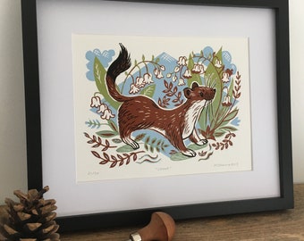 Stoat | Mustelid | Ermine | Wildlife Linocut Reduction Art Print | Handmade | Folk Art | Lily of the Valley | Nature Inspired | Countryside