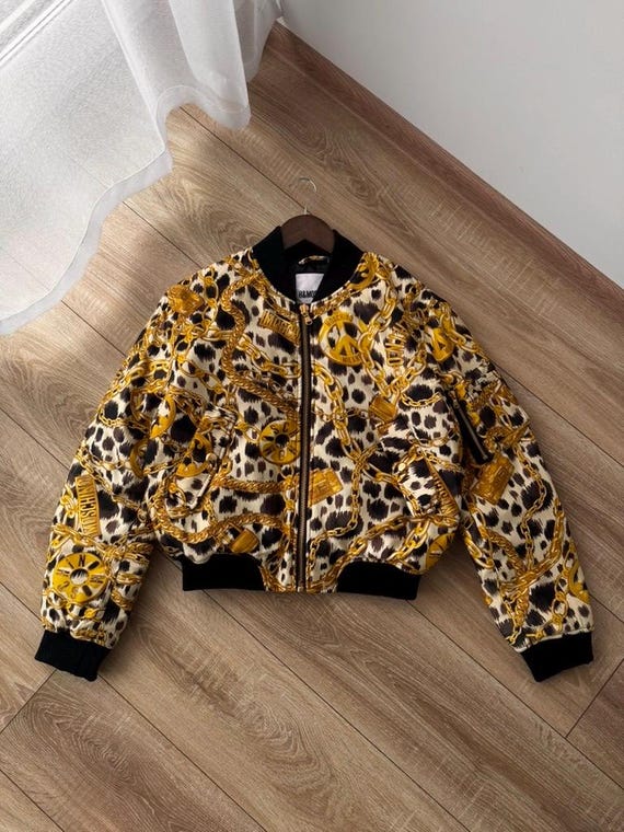 Moschino X H&M Gold Chain Logo Pattern Bomber Jacket by Jeremy