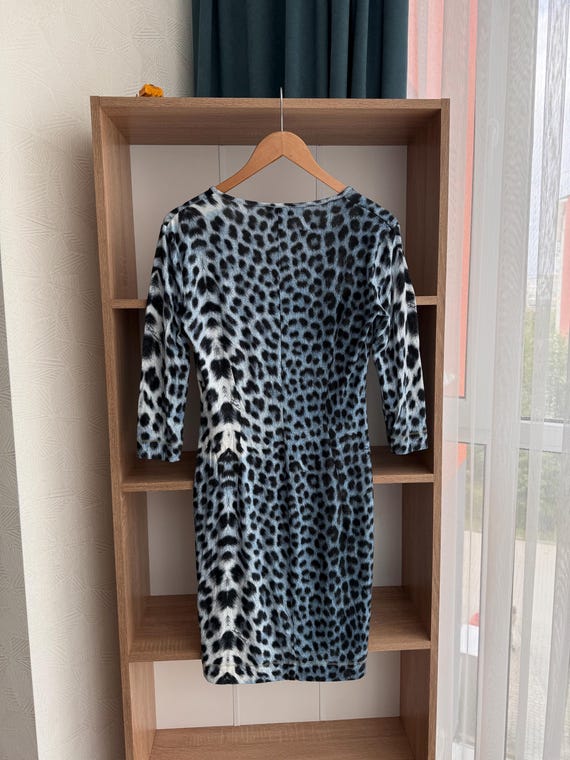 blue and black animal print dress Just Cavalli Blue Leopard Print Luxury Mid Lenght Dress