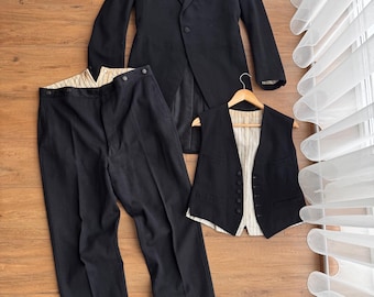 Vintage 1940s Men’s Suit 3-Piece Black Wool WWII Era Solide Elegance