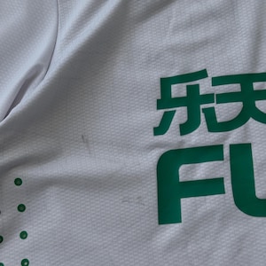 May include: White athletic jersey with green accents. The jersey features the brand name "Castore" in green at the top and large green Japanese characters and the letters "FU" on the front. The fabric has a subtle textured pattern.