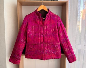 Vintage 90's Hot pink Japanese jacket, golden designs, frogs, Mandarin collar.
