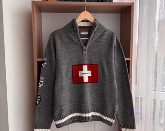 Vintage Swiss Alp Fantasy Flag Ski Wool 1/4 Zip Sweater