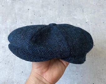 Casquette plate de luxe en pure laine bleu marine Harris Tweed vintage