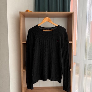 Vintage Polo Ralph Lauren Black Pink Horse CableKnit Sweater