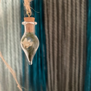 Peut inclure: Un pendentif en forme de bouteille en verre délicat avec un bouchon en liège, rempli de fleurs blanches séchées et de verdure, suspendu à un cordon en ficelle brune.