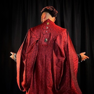 May include: A red patterned robe with a high collar and decorative buttons down the back.