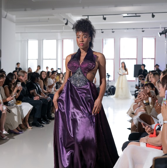 Midnight Tuxedo Gown W/ Hand Embroidery and Black Hawaiian Lei