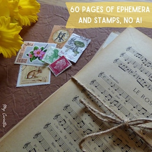 Vintage ephemera-paket, Junk Journal, scrapbook. 60 sidor från 1840-talet och framåt. Franska, tyska och engelska sidor, kompletterande stämplar.