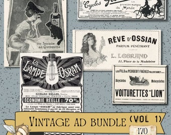 Può includere: Raccolta di annunci pubblicitari vintage con una collezione di annunci in bianco e nero dei primi del Novecento. Gli annunci includono prodotti come vino, profumo, biciclette, motociclette e lampadine. Gli annunci sono tutti in francese e presentano illustrazioni e testo.