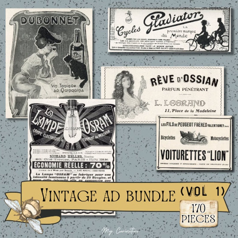 Lot numérique éphémère vintage vol 1 Ensemble d'annonces françaises des années 1900 170 pièces pour le journal indésirable, le scrapbooking et les collages image 1