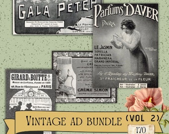 Può includere: Raccolta di annunci vintage in bianco e nero per vari prodotti, tra cui profumo, cioccolato e una crema. Gli annunci sono su uno sfondo verde con uno striscione che dice "Vintage Ad Bundle (Vol 2) 170 Pieces".