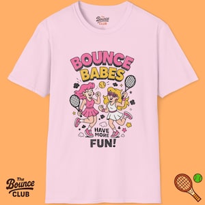 Tennisshirt Bounce Babes, retro cartoon tennist-shirt, uniseks tennisshirt, cadeau tennisliefhebber, kleding tennisspeler
