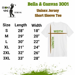 May include: Size chart for a Bella + Canvas 3001 unisex jersey short sleeve tee. The chart shows the size, length in inches, and width in inches. The sizes are S, M, L, XL, 2XL, and 3XL.