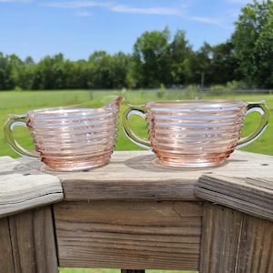 Vintage Anchor Hocking Manhattan Pink Depression Glass Ribbed Sugar and Cream Set/ Vintage Pink Depression Glass