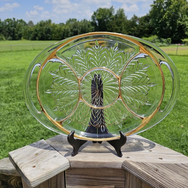 Vintage Jeanette Glass Feather Platter: Gold Gilded Serving Tray