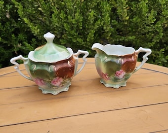 Antique JP Schumann Bavarian Hand Painted Porcelain Floral with Gold Sugar and Cream Set
