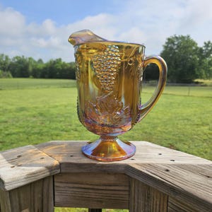 Vintage Indiana Carnival Glass Grape Harvest Amber Iridescent Beverage Pitcher/ Vintage Carnival Glass Pitcher