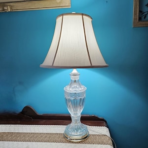 Vintage Lead Crystal Cut Glass and Brass Hollywood Regency Lamp with Shade/ Vintage Hollywood Regency Lamp