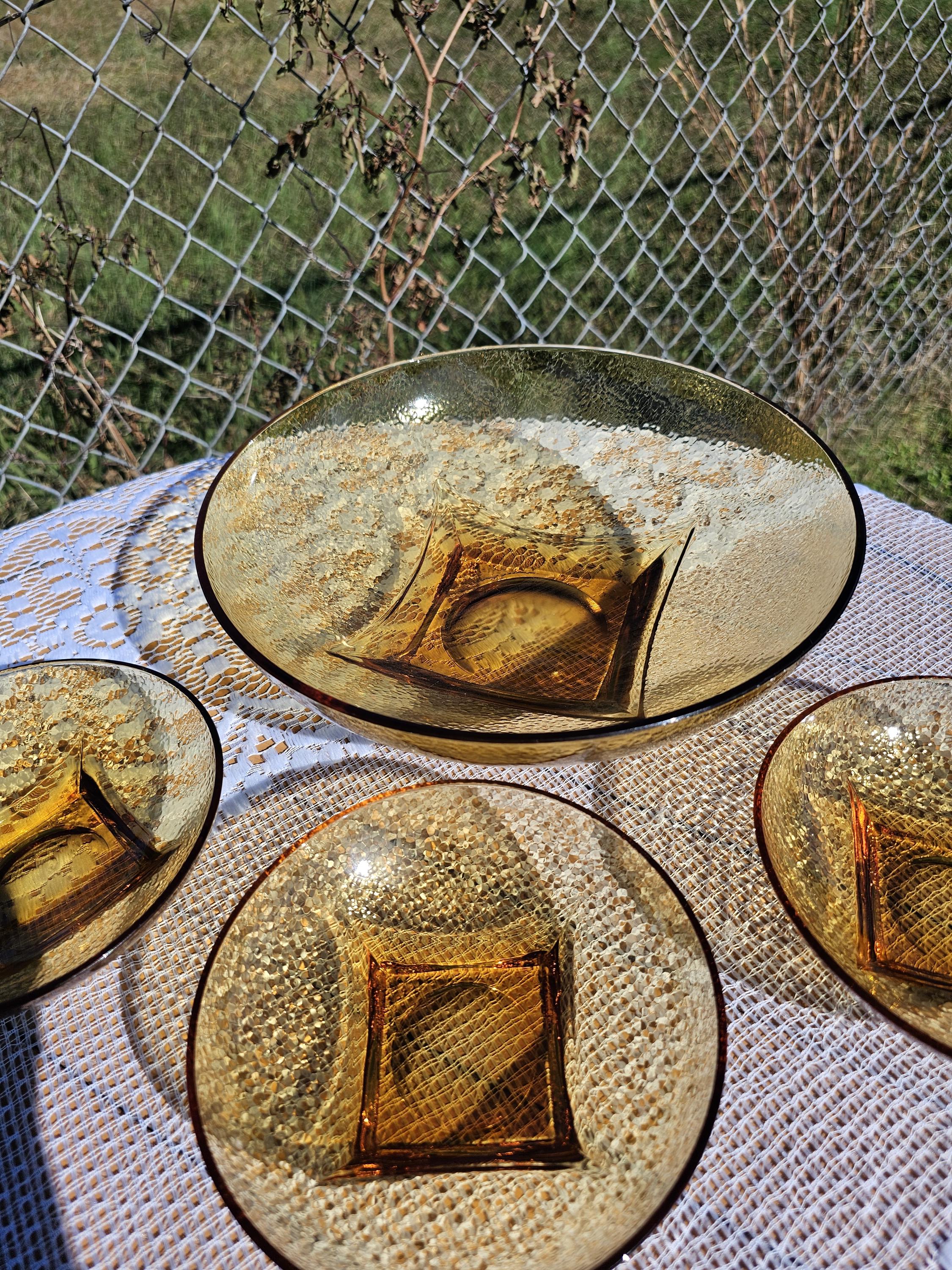 Vintage Hazel Atlas Pebblestone Amber Glass 6 Piece Salad Bowl Set