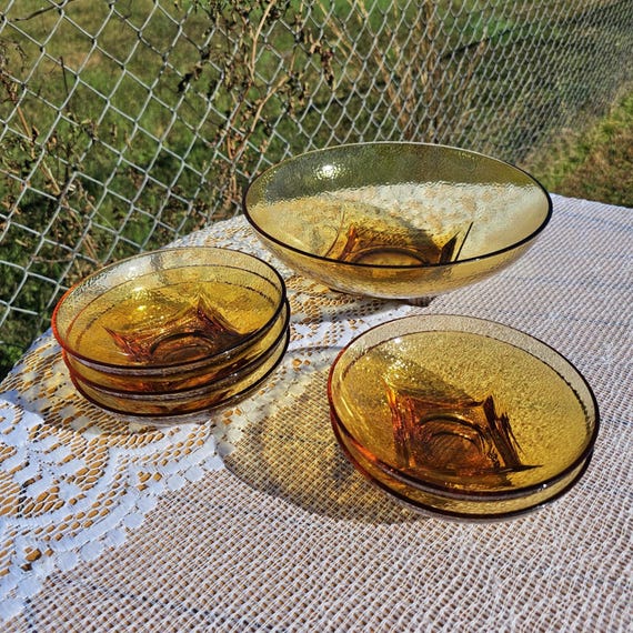 Vintage Hazel Atlas Pebblestone Amber Glass 6 Piece Salad Bowl Set