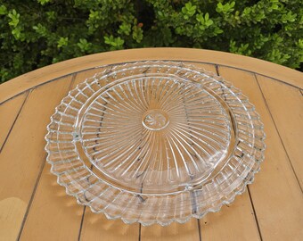 Vintage Hazel Atlas Clear Swirl Glass 3 Footed Cake Plate