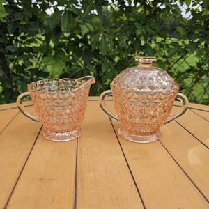 Vintage Jeanette Pink Depression Glass Button and Bows Covered Sugar and Cream Set