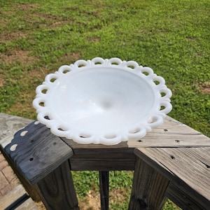 Vintage Anchor Hocking White Milk Glass Old Colony Open Lace Edge Pedestal Compote Bowl/ Vintage Milk Glass