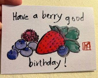 Berry Etegami Watercolor Pun Birthday Greeting Card — print