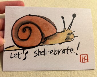 Snail Etegami Watercolor Pun Celebrate Greeting Card — print