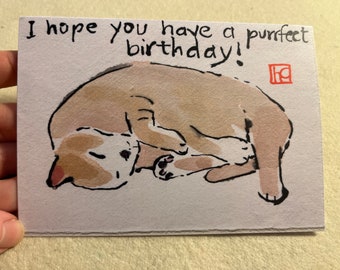 Cat Etegami Watercolor Pun Birthday Greeting Card — print