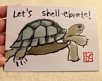 Turtle Etegami Watercolor Pun Celebration Greeting Card — print