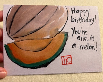 Melon Etegami Watercolor Pun Birthday Greeting Card — print